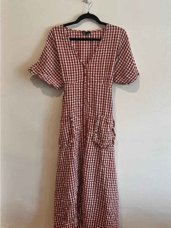 Nobody’s Child Gingham V-Neck Midi Dress in Rust Check - Picture 1 of 4